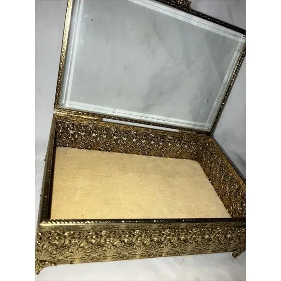 VINTAGE JEWEL CASKET Velvet Lined Beveled Glass Lid Mid Century Storage & Organization